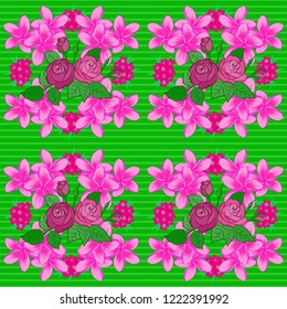 Vector seamless floral pattern with plumeria flowers and leaves in magenta, green and pink colors.