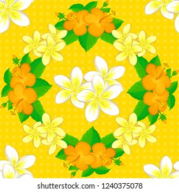 Vector seamless floral pattern with plumeria flowers and leaves in yellow, green and white colors.