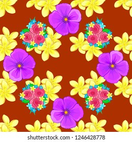 Vector seamless floral pattern with plumeria flowers and leaves in orange, yellow and violet colors.