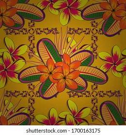 Vector seamless floral pattern with plumeria flowers and leaves in orange, yellow and green colors.