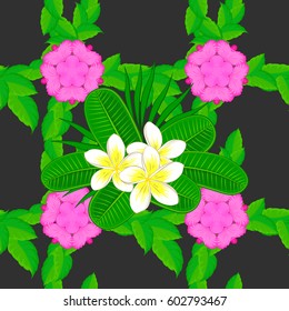 Vector seamless floral pattern with plumeria flowers and leaves on a gray background.