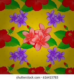 Vector seamless floral pattern with plumeria flowers, leaves, decorative elements, splash, blots and drop on a yellow background. Doodle sketch style, hand-drawn illustration.