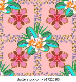 Vector seamless floral pattern with plumeria flowers and leaves on a neutral background.