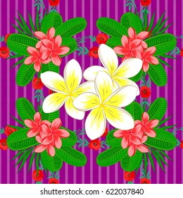 Vector seamless floral pattern with plumeria flowers and leaves on a purple background.