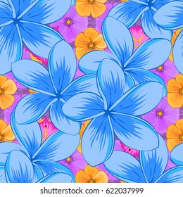 Vector seamless floral pattern with plumeria flowers and leaves on a violet background.