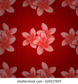 Vector seamless floral pattern with plumeria flowers and leaves on a red background.