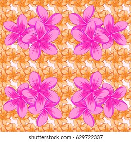 Vector seamless floral pattern with plumeria flowers and leaves on a beige background.
