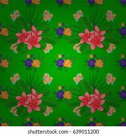 Vector seamless floral pattern with plumeria flowers and leaves on a green background.