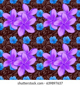 Vector seamless floral pattern with plumeria flowers and leaves on a brown background.
