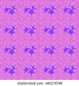 Vector seamless floral pattern with plumeria flowers, leaves, decorative elements, splash, blots and drop on a violet background. Doodle sketch style, hand-drawn illustration.