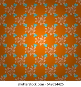 Vector seamless floral pattern with plumeria flowers, leaves, decorative elements, splash, blots and drop on a orange background. Doodle sketch style, hand-drawn illustration.