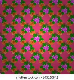 Vector seamless floral pattern with plumeria flowers, leaves, decorative elements, splash, blots and drop on a pink background. Doodle sketch style, hand-drawn illustration.