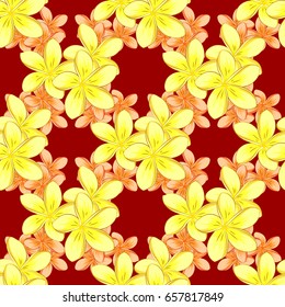 Vector seamless floral pattern with plumeria flowers, leaves, decorative elements, splash, blots and drop on a red background. Doodle sketch style, hand-drawn illustration.