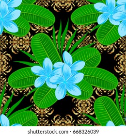 Vector seamless floral pattern with plumeria flowers and leaves on a black background.