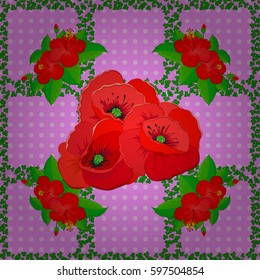 Vector seamless floral pattern with poppy flowers and leaves on a pink background.