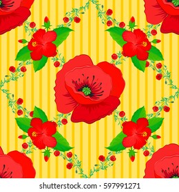 Vector seamless floral pattern with poppy flowers and leaves on a yellow background.