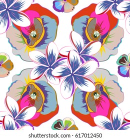 Vector seamless floral pattern with poppy flowers, leaves, decorative elements, splash, blots and drop on a white background. Hand drawn contour lines and strokes. Doodle sketch style, hand-drawn art.