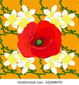 Vector seamless floral pattern with poppy flowers, leaves, decorative elements on a yellow background. Sketch style, hand-drawn illustration.