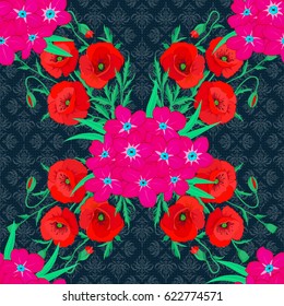 Vector seamless floral pattern with poppy flowers, leaves, decorative elements, splash, blots and drop on a blue background. Doodle sketch style, hand-drawn illustration.