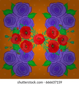 Vector seamless floral pattern with poppy flowers and leaves on a orange background.