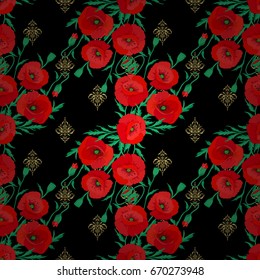 Vector seamless floral pattern with poppy flowers, leaves, decorative elements, splash, blots and drop on a black background. Doodle sketch style, hand-drawn illustration.