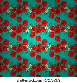 Vector seamless floral pattern with poppy flowers and leaves on a blue background.
