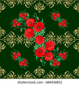 Vector seamless floral pattern with poppy flowers and leaves on a green background.