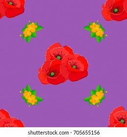 Vector seamless floral pattern with poppy flowers, leaves, decorative elements, splash, blots and drop on a violet background. Doodle sketch style, hand-drawn illustration.