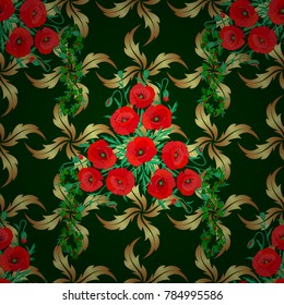 Vector seamless floral pattern with poppy flowers, leaves, decorative elements, splash, blots and drop in red, green and blue colors. Doodle sketch style, hand-drawn illustration.