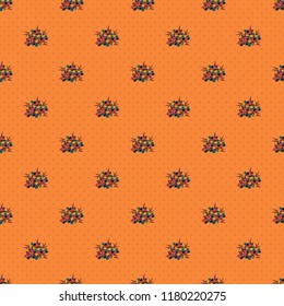 Vector seamless floral pattern with primula flowers and leaves in yellow, orange and purple colors.