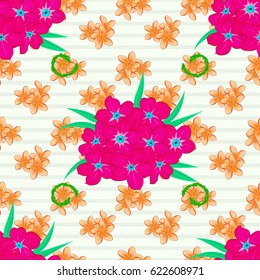 Vector seamless floral pattern with primula flowers and leaves on a beige background.