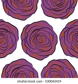 Vector seamless floral pattern with purple and orange roses, watercolor effect.