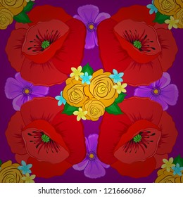 Vector seamless floral pattern with red, purple and yellow poppies, multicolored.
