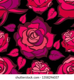 Vector seamless floral pattern from red roses on black. Natural summer background.