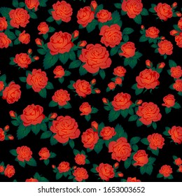 vector seamless floral pattern, red roses on the black background