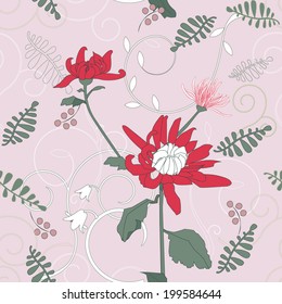 Vector Seamless Floral Pattern in Red. Endless. Ethnic seamless pattern. Vector backdrop Summer template. Use for wallpaper, web background, pillow & interior decoration, wrapping paper, pattern fills