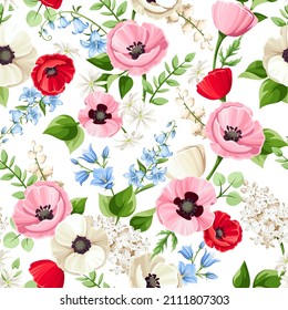 Vector seamless floral pattern with red, pink, blue, and white poppy, bluebell, lilac, and lily-of-the-valley flowers on a white background.