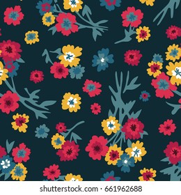 Vector seamless floral pattern with red and yellow bouquets on dark turquoise background