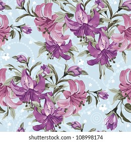 Vector seamless floral pattern with retro flowers. Wallpaper with lily on blue background, vector illustration