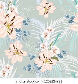 Vector seamless floral pattern with retro flowers and greenery. Wallpaper with lily and herbs on the green background, vector illustration. Vintage motives.