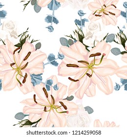 Vector seamless floral pattern with retro flowers. Wallpaper with lily and white roses on white background, vector illustration. Vintage lilies, succulent and roses.