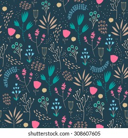 Vector seamless floral pattern. Romantic cute background with hand drawn flowers. Use as fabric, wrapping paper, decor, background of invitations, cards, etc. Dark blue background