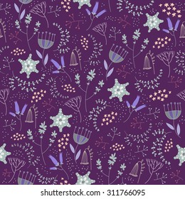 Vector seamless floral pattern. Romantic cute background with hand drawn flowers. Use as fabric, wrapping paper, decor, background of invitations, cards, etc. Purple background