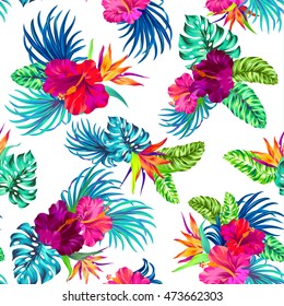 vector seamless floral pattern in romantic colors. Exotic hibiscus.