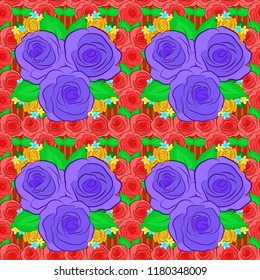 Vector seamless floral pattern with rose flowers and green leaves in orange, green and violet colors.
