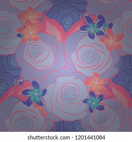 Vector seamless floral pattern with rose flowers and green leaves in violet, blue and pink colors.