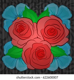 Vector seamless floral pattern with rose flowers and green leaves on a gray background.