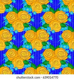 Vector seamless floral pattern with rose flowers and green leaves, decorative elements, splash, blots and drop on a blue background. Doodle sketch style, hand-drawn illustration.