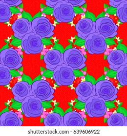 Vector seamless floral pattern with rose flowers and green leaves on a red background.