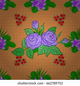 Vector seamless floral pattern with rose flowers and green leaves on a brown background.